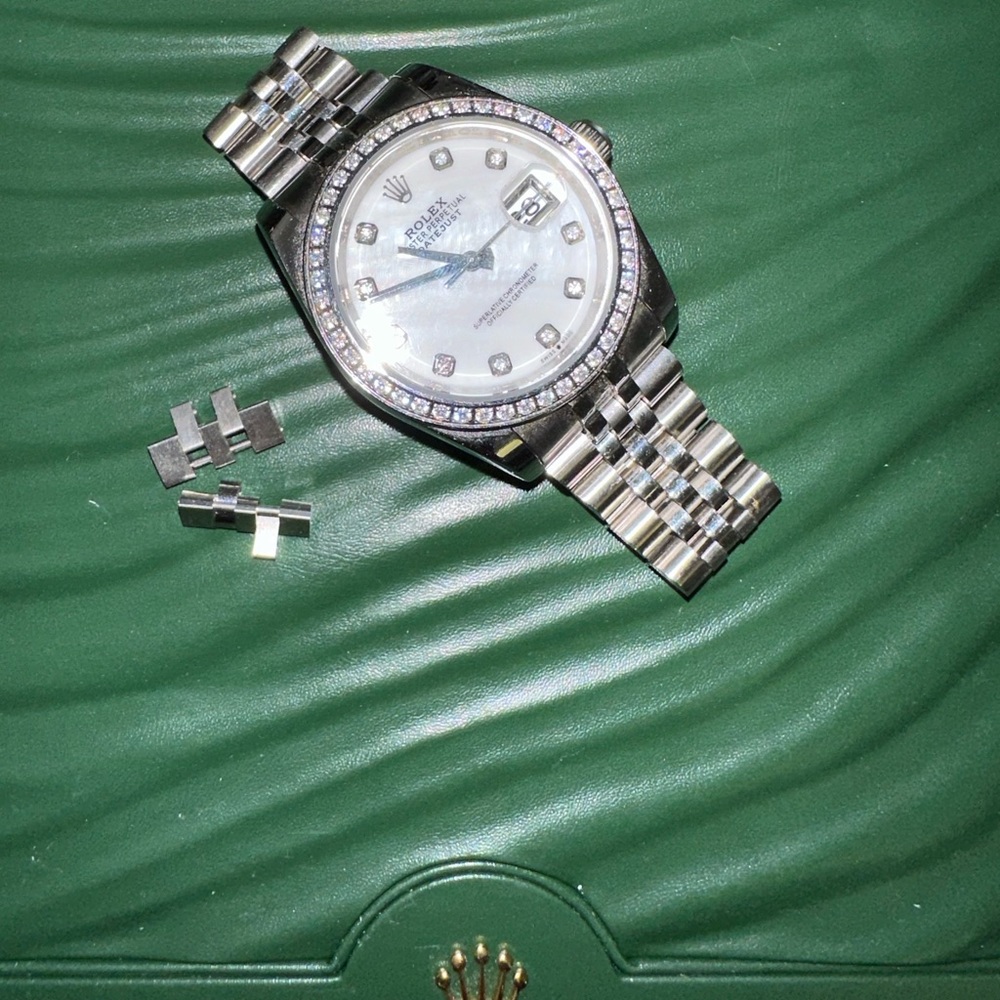 Lady Rolex Date - Just Stainless Steel White Gold Bezel w/ Diamonds.